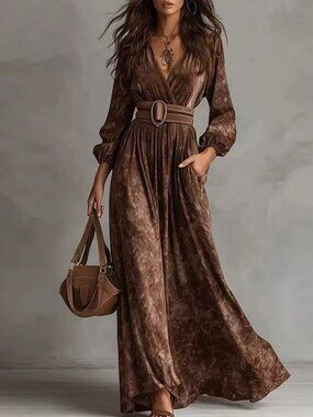 Zimmermann Brown V-Neck Long Sleeve Maxi Dress with Belt